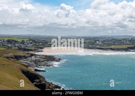 Polzeath aus Pentire Point, Cornwall, England. Stockfoto
