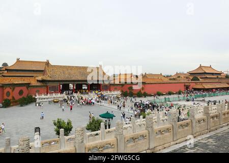 Das Tor der Himmlischen Reinheit und das Haupttor des inneren Gerichts der Verbotenen Stadt in Peking, China. Stockfoto