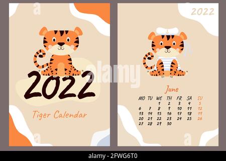 Kalenderset für Juni 2022 und Deckblatt. Niedlicher Tiger Seemann in einer Weste und Hut mit Bändern. Jahr des Tigers auf Chinesisch oder orientalisch. Vektorgrafiken Stockfoto
