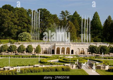 Hauptbrunnen-Garten, Wasserspeier tanzen, Übersicht, künstlerisch, Menschen, Longwood Gardens, Pennsylvania, Kennet Square, PA, Frühling Stockfoto