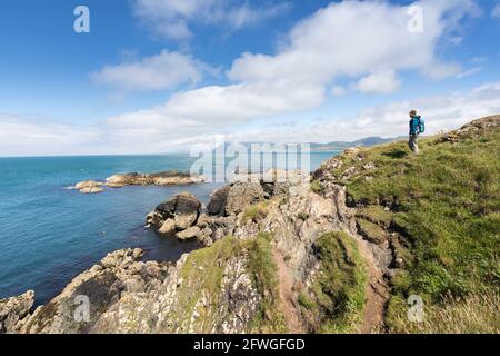 Walker auf dem Küstenpfad in Porthdinllaen, Lleyn Peninsula, Wales, Großbritannien Stockfoto