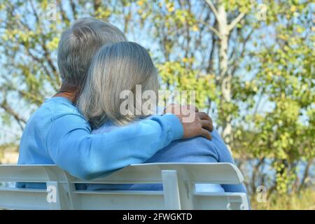 Rückansicht. Glückliches älteres Paar, das auf der Bank sitzt Stockfoto