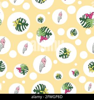 Vektor pastellgelb Hintergrund tropische Vögel, Papageien, exotische Käsepflanze, Monstera, Hibiskusblüten. Nahtloser Musterhintergrund Stock Vektor
