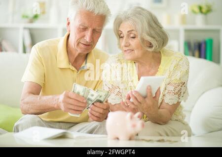 Fröhliches Paar von Senioren, die mit dem Taschenrechner Geld zählen Stockfoto