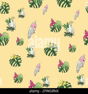Vektor pastellgelb Hintergrund tropische Vögel, Papageien, exotische Käsepflanze, Monstera, Hibiskusblüten. Nahtloser Musterhintergrund Stock Vektor