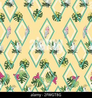Vektor pastellgelb Hintergrund tropische Vögel, Papageien, exotische Käsepflanze, Monstera, Hibiskusblüten. Nahtloser Musterhintergrund Stock Vektor