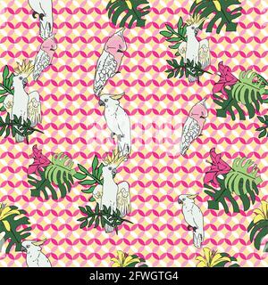 Vektor pastellgelb Hintergrund tropische Vögel, Papageien, exotische Käsepflanze, Monstera, Hibiskusblüten. Nahtloser Musterhintergrund Stock Vektor