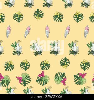 Vektor pastellgelb Hintergrund tropische Vögel, Papageien, exotische Käsepflanze, Monstera, Hibiskusblüten. Nahtloser Musterhintergrund Stock Vektor