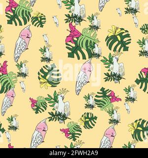 Vektor pastellgelb Hintergrund tropische Vögel, Papageien, exotische Käsepflanze, Monstera, Hibiskusblüten. Nahtloser Musterhintergrund Stock Vektor