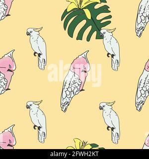 Vektor pastellgelb Hintergrund tropische Vögel, Papageien, exotische Käsepflanze, Monstera, Hibiskusblüten. Nahtloser Musterhintergrund Stock Vektor