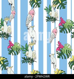 Vektor weißen Hintergrund tropische Vögel, Papageien, exotische Käsepflanze, Monstera, Hibiskusblüten. Nahtloser Musterhintergrund Stock Vektor