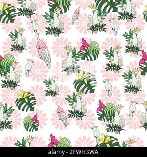 Vektor weißen Hintergrund tropische Vögel, Papageien, exotische Käsepflanze, Monstera, Hibiskusblüten. Nahtloser Musterhintergrund Stock Vektor