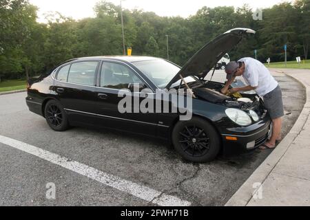 Mann, der unter die Motorhaube schaut (Motorhaube) - USA Stockfoto