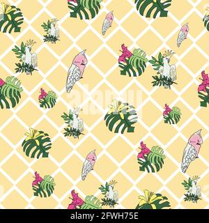 Vektor pastellgelb Hintergrund tropische Vögel, Papageien, exotische Käsepflanze, Monstera, Hibiskusblüten. Nahtloser Musterhintergrund Stock Vektor