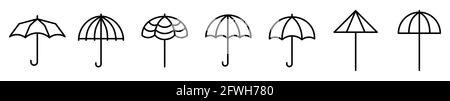 Symbole auf dem Schirm. Satz von Schirmsymbolen. Vektorgrafik. Lineare Symbole des Regenschirms Stock Vektor