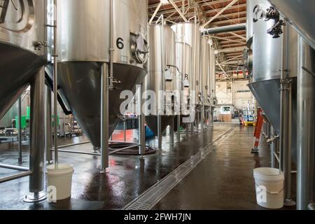 Biergrubensachen in einer Mikrobrauerei (Craft Brewery) - USA Stockfoto