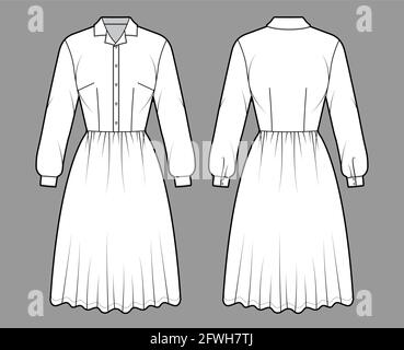 Kleid Haushemd technische Mode Illustration mit langen Ärmeln mit Manschette, knielangen Rock, klassischen henley Kragen. Flatwear vorne, hinten, in weißer Farbgebung. Frauen, Männer Unisex-CAD-Modell Stock Vektor