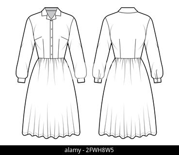 Kleid Haushemd technische Mode Illustration mit langen Ärmeln mit Manschette, knielangen Rock, klassischen henley Kragen. Flatwear vorne, hinten, in weißer Farbgebung. Frauen, Männer Unisex-CAD-Modell Stock Vektor