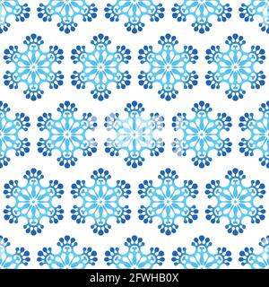 Winter nahtloses Muster mit blauen Schneeflocken auf weißem Hintergrund. Vektor-Illustration für Stoff, Textiltapete, Poster, Geschenkverpackung Stock Vektor