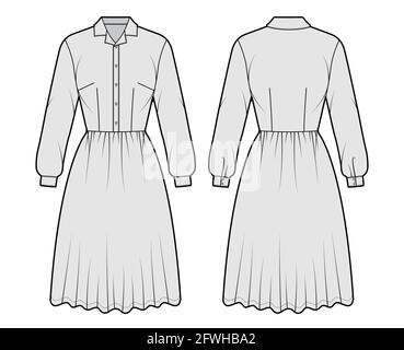 Kleid Haushemd technische Mode Illustration mit langen Ärmeln mit Manschette, knielangen Rock, klassischen henley Kragen. Flatwear vorne, hinten, grau. Frauen, Männer Unisex-CAD-Modell Stock Vektor
