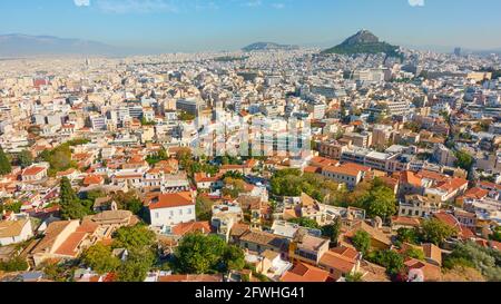 Athen Stadt. Mit dem Berg Lycabettus, Griechenland. Stadtbild, Panoramablick Stockfoto