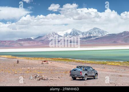 Der hochgelegene Salzsee Laguna Santa Rosa mit dem Vulkan Nevado Tres Cruces im Hintergrund in Atacama, Chile Stockfoto