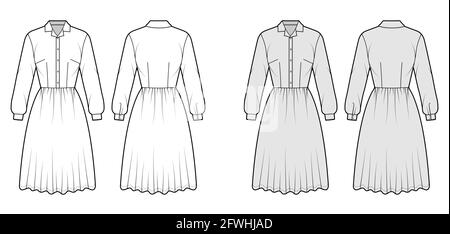 Kleid Haushemd technische Mode Illustration mit langen Ärmeln mit Manschette, knielangen Rock, klassischen henley Kragen. Flatwear vorne, hinten, weiß, grau. Frauen, Männer CAD-Modell Stock Vektor