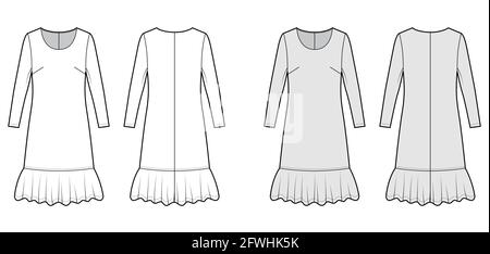 Kleid sank Taille technische Mode Illustration mit langen Ärmeln, übergroßen Körper, knielangen Rock, Rundhalsausschnitt. Flatwear vorne, hinten, weiß, grau. Frauen, Männer Unisex-CAD-Modell Stock Vektor