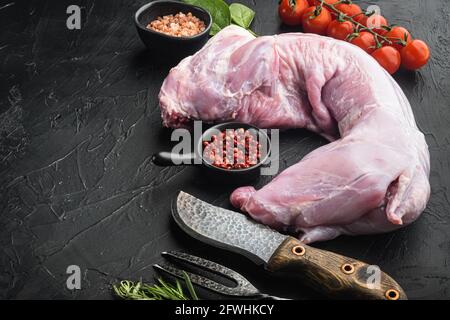 Rohes Kaninchenfleisch mit frischem Gemüse, Kräutern und Gewürzen, auf schwarzem Stein-Hintergrund, mit Platz für Text Stockfoto