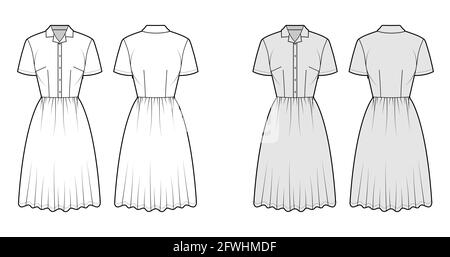 Kleid Haushemd technische Mode Illustration mit kurzen Ärmeln, knielangen Rock, klassischen henley Kragen. Flatwear vorne, hinten, weiß, grau. Frauen, Männer Unisex-CAD-Modell Stock Vektor