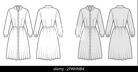 Kleid Hemd technische Mode Illustration mit langen Ärmeln, Camp Kragen, taillierten Körper, knielang, Knopfverschluss. Flatwear vorne, hinten, weiß, grau. Frauen, Männer Unisex-CAD-Modell Stock Vektor