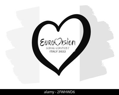 Italien 2022 Eurovision. Text Song Contest Italien 2022 Eurovision Heart on Italy Flagge auf weißem Hintergrund Stock Vektor