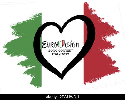 Italien 2022 Eurovision. Text Song Contest Italien 2022 Eurovision Heart on Italy Flagge auf weißem Hintergrund Stock Vektor