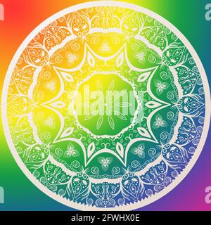 Handgezeichnetes Mandala-Design mit Regenbogenfarben auf weißem Hintergrund. Ideal für Festival, Wallpaper, Desktop. Stockfoto