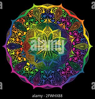 Mandala von Hand gezeichnet mit Regenbogenfarben für Homosexuell Stolz mit schwarzem Hintergrund und hellen Thema. Stockfoto