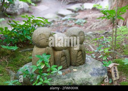 Kleine Buddha-Statuen Reihen sich in einem buddhistischen Tempelgarten in Kamakura in Japan zusammen. Stockfoto