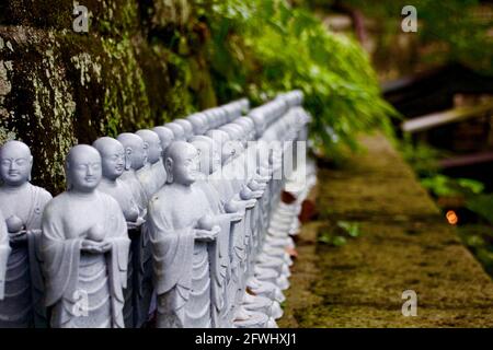 Kleine Buddha-Statuen Reihen sich in einem buddhistischen Tempelgarten in Kamakura in Japan zusammen. Stockfoto
