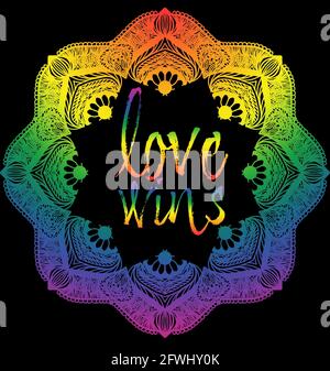 LOVE WINS Pride LGBTQ thematisch gezeichnetes Mandala mit schwarzem Hintergrund und Regenbogenfarben. Stockfoto