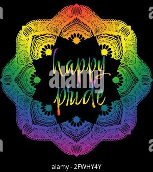 HAPPY PRIDE LGBTQ thematisch handgezeichnetes Mandala mit schwarzem Hintergrund und Regenbogenfarben. Stockfoto