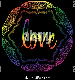 LOVE Mandala Hand gezeichnet mit Regenbogenfarben für Gay Pride Festival, LGBTQ mit schwarzem Hintergrund und hellen Thema. Stockfoto