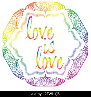 LOVE IS LOVE Mandala Handgezeichnet mit Regenbogenfarben für Gay Pride Festival, LGBTQ mit weißem Hintergrund und hellen Thema. Stockfoto