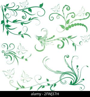 Kalligrafische Dekorationselemente mit Linien und Blatt und Blumen Schmetterling Stockfoto