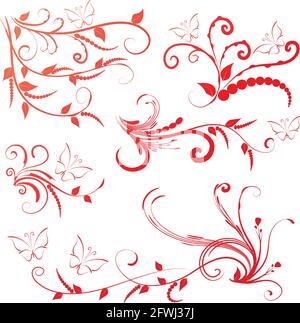 Kalligrafische Dekorationselemente mit Linien und Blatt und Blumen Schmetterling Stockfoto