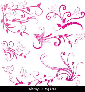 Kalligrafische Dekorationselemente mit Linien und Blatt und Blumen Schmetterling Stockfoto