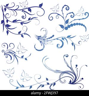 Kalligrafische Dekorationselemente mit Linien und Blatt und Blumen Schmetterling Stockfoto