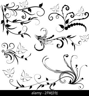 Kalligrafische Dekorationselemente mit Linien und Blatt und Blumen Schmetterling Stockfoto