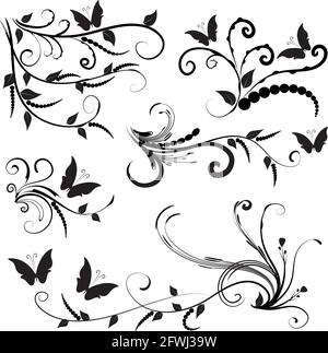 Kalligrafische Dekorationselemente mit Linien und Blatt und Blumen Schmetterling Stockfoto