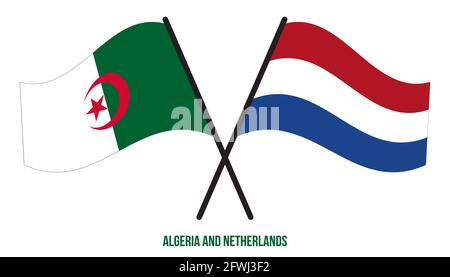 Algerien und Niederlande Flaggen gekreuzt und winken Flat Style. Offizieller Anteil. Korrekte Farben. Stock Vektor