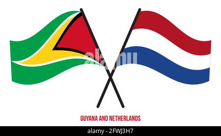 Guyana und Niederlande Flaggen gekreuzt und winken Flat Style. Offizieller Anteil. Korrekte Farben. Stock Vektor