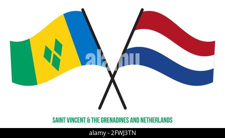 St. Vincent & die Grenadinen und Niederlande Flaggen gekreuzt und winken Flat Style. Offizieller Anteil. Stock Vektor